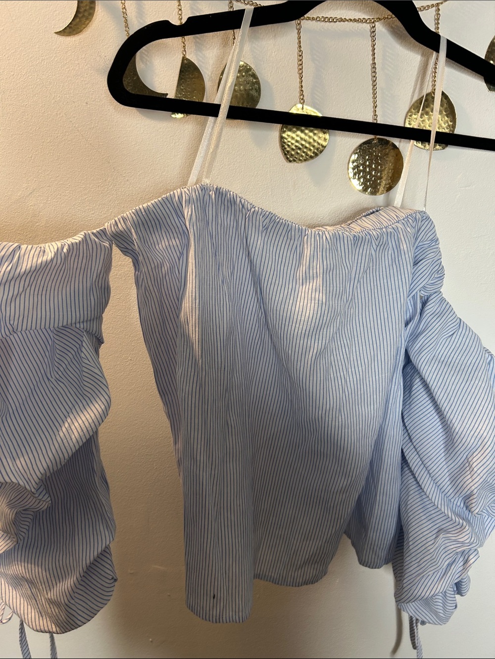 bleuh ciel Light Blue Pinstripe Off-Shoulder Blouse with Puff Sleeves